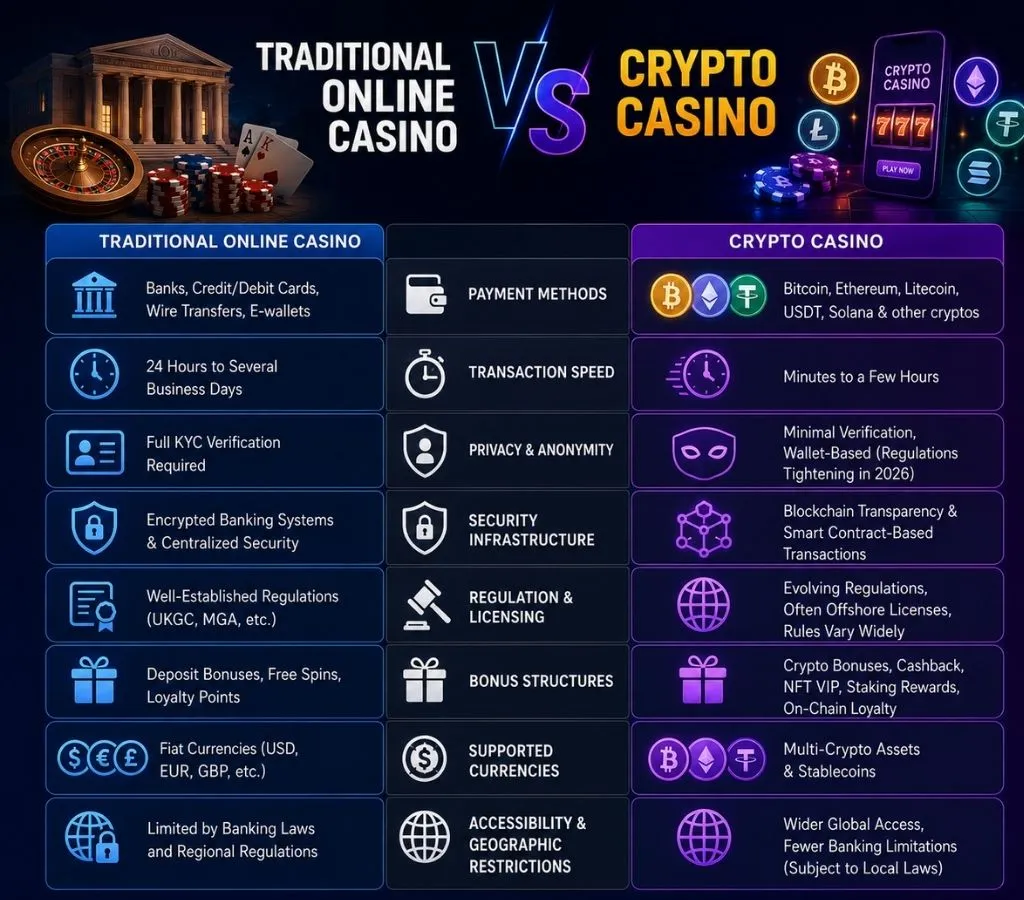 Traditional Online Casino vs Crypto Casino: Key Differences