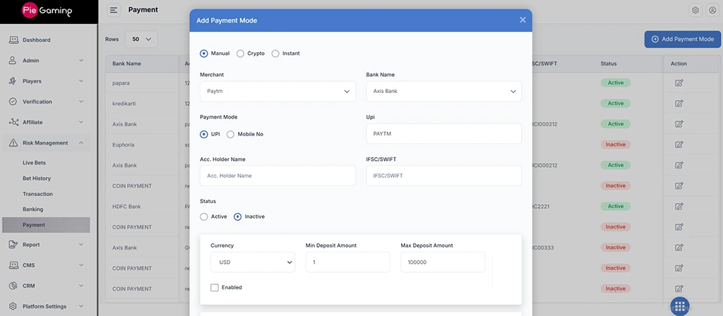 Payment Dashboard of PieGaming 