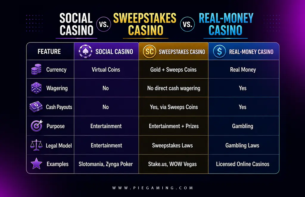 Social Casino vs. Sweepstakes Casino vs. Real-Money Casino 